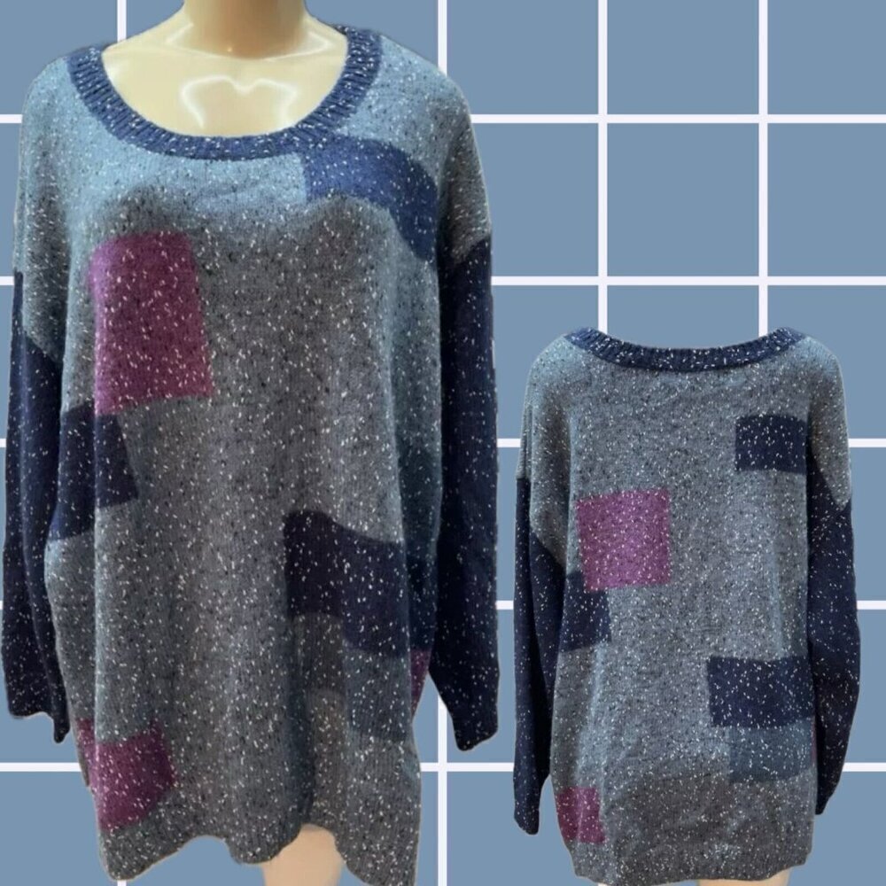 Denim 24/7 +2X Blue-Purple Geo Pattern Crew Mohair Blend Long Sleeve Sweater